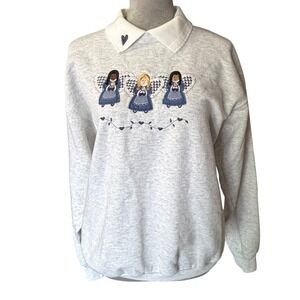 Vintage Top Stitch Morning Sun Angel Embroidered Collared Sweatshirt Gray Medium